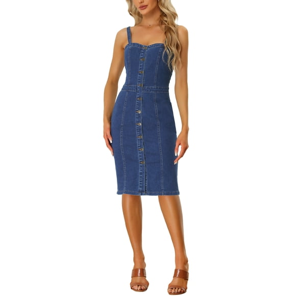INSPIRE CHIC Button Down Denim Dress for Women's Sleeveless Sweetheart Neck Jeans Dresses X-Large Blue