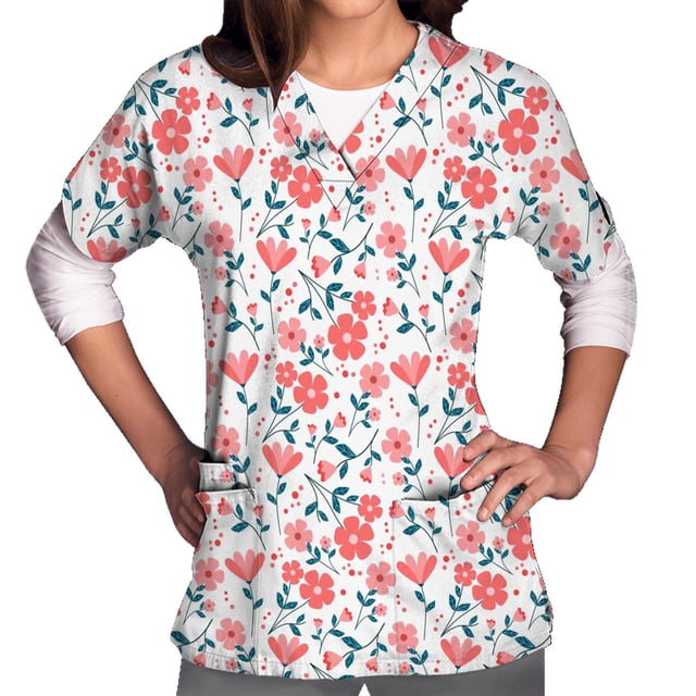 Snoarin Summer Plus Size Tops for Women Tops Short Sleeve V-neck Tops Working Uniform Floral Print With Three Pockets Blouse Work Uniforms for Women on Clearance