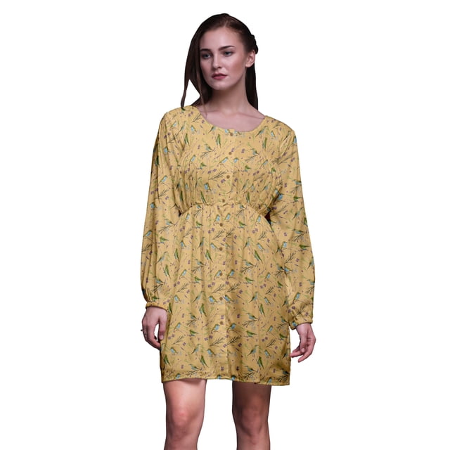 Bimba Robe Midi Boutonnée Orange Bleu Baies et Oiseau Flowerpecker pour Femmes Tunique à Manches Longues Haut Smocké - Grand