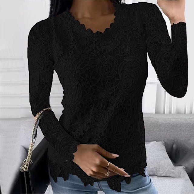 Jsaierl 2024 Automne Chemises en Dentelle pour Femmes Manches Longues Blouses Unies Confortables Col Rond Chandail Décontracté Mode Hauts pour Dames