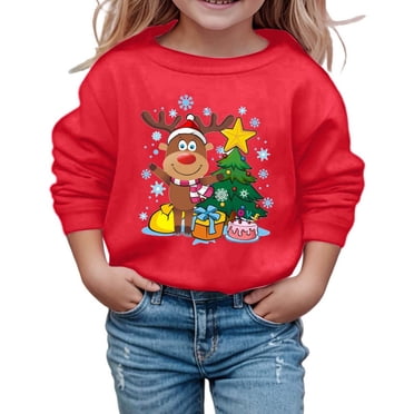 PMVFHDE Christmas Sweatshirt Girls Long Sleeve Crewneck Sweatshirt Cozy Pullover Soft Casual Winter Holiday Top Playful Graphic Print Tee Youth Toddler Kids Red,6-7 Years