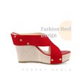 thumbnail image 3 of BLISSFUL STEP Chaussures pour Femmes à Plateforme Compensée à Brides Croisées Clous Tige en Tissu Sandales à Talons à Bout Ouvert Rouge 9, 3 of 5