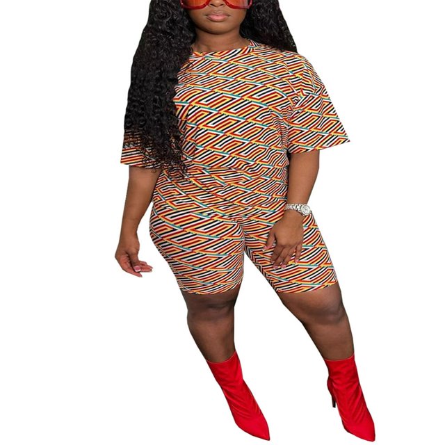 Women‘s Short Pants Outfits Set Short Sleeve Pattern Printed Neck Tops + Elastic Waist Shorts