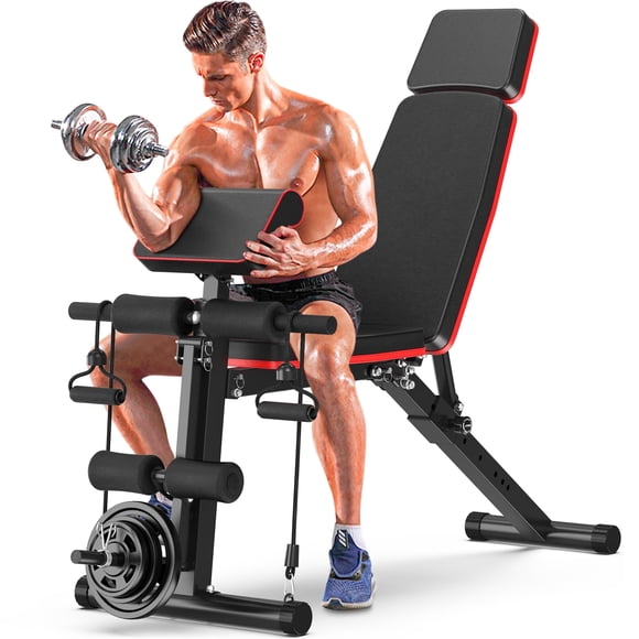 GIKPAL Banc de Musculation à 7 Positions Réglables, avec Appui-Tête Allongé et Extension des Jambes, Banc de Musculation Olympique Pliable pour l'Entraînement de Force Complète du Corps, Poids Maximal 770 Lb.