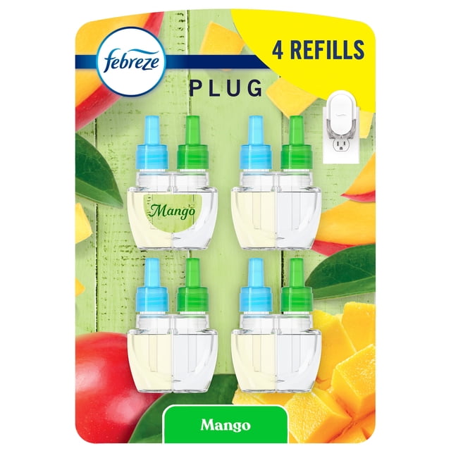 Febreze Plug In Air Freshener, Odor-Fighting Scented Oil Refill, Mango Splash Scent, 4 Refills