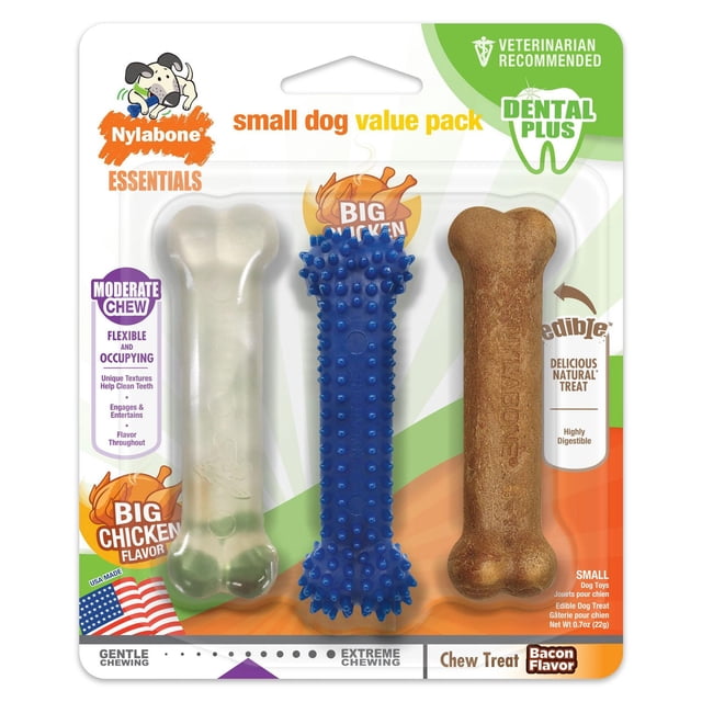 Nylabone Small Dog Toy Value Pack containing three bone-shaped chews: a translucent flexible chew, a blue spiked dental chew for moderate chewing, and a brown edible bacon-flavored chew that promotes dental health and is veterinarian recommended for small dogs.