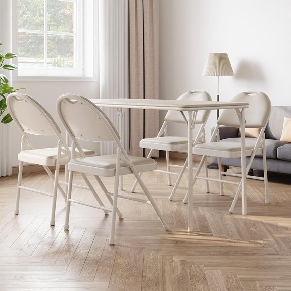 Bingirl Table Pliante de 4 Pieds Intérieur Extérieur Table Portable Pliable Table de Cartes Verrouillable Pieds en Métal Support Plateau Rembourré en Cuir PU Robuste pour Pique-Niques Fêtes Mariage BBQ Camping Bureau Beige
