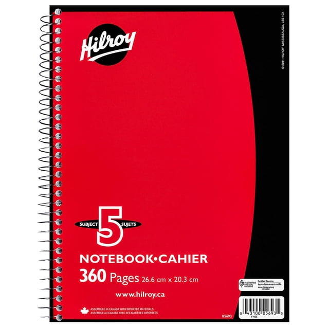 Hilroy® Cahier 360pg à 5 Sujets avec Couverture Rouge et Dos Noir, Reliure en Spirale à Gauche, Présentant le logo Hilroy Blanc sur un Cercle Noir en Haut à Gauche, Contenant 360 pages Format 26,6 cm par 20,3 cm, Convient à une Prise de Notes Organisée sur Plusieurs Sujets.