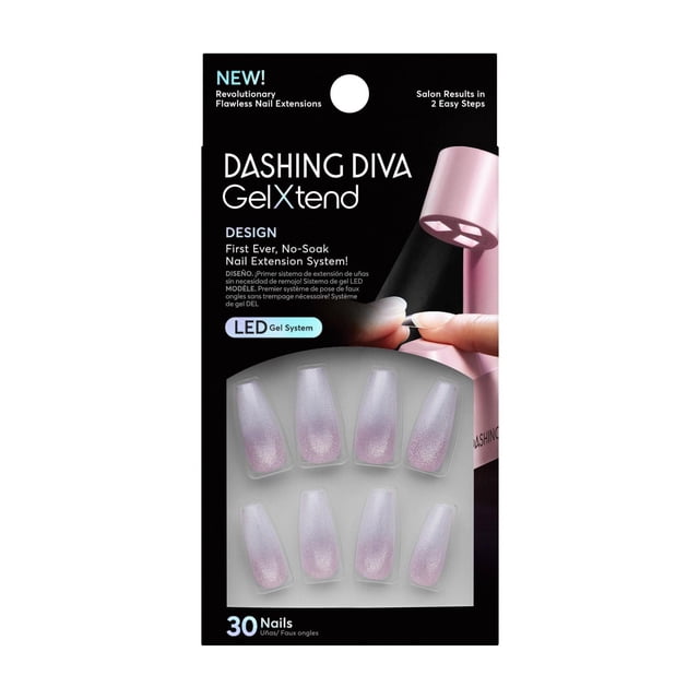 DASHING DIVA - GEL XTEND DESIGN NAILS - Fée Aérée avec 30 extensions d'Ongles en GEL Rose Translucide Présentant un Subtil Éclat, Présentées dans un Emballage Noir avec une Application Manuelle d'Un Ongle sous une Lampe DEL Rose, Conçues pour un Retrait Sans Trempage, Sans Dommages et jusqu'à 14 Jours de Port de Qualité Salon.