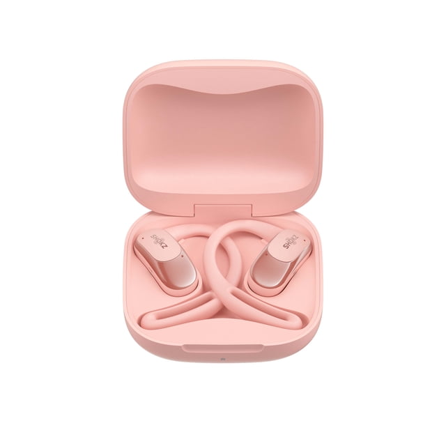 Shokz OpenFit Air true wireless pink open-ear earbuds with ergonomic dual-bevel earhooks inside an open pink charging case, designed for comfort and situational awareness.