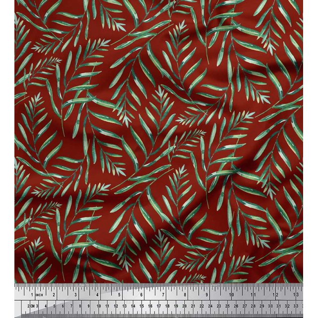 Soimoi Red Poly Georgette Fabric Pine Leaves Print Fabric by the Yard 52 Inch Wide