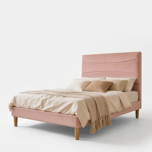 Towallmark Modern Upholstered Platform Bed Frame with Headboard – Full Size, Wooden Slats, Noise-Free, Underbed Storage, No Box Spring Required, Easy Assembly, full size, pink