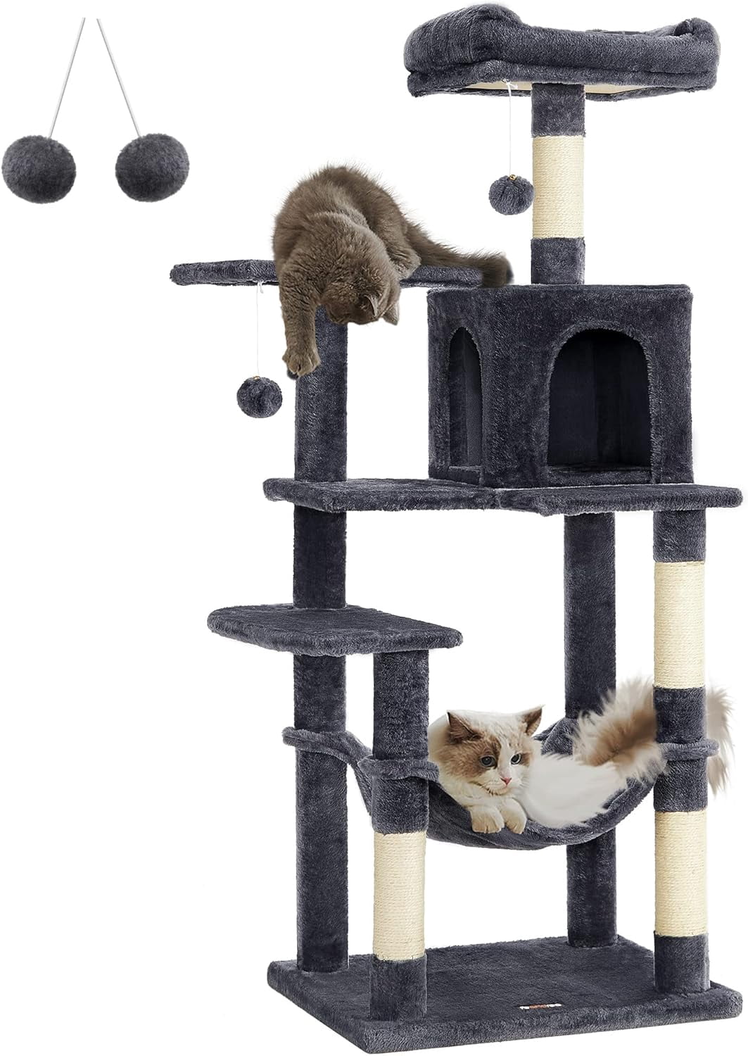 Feandrea Cat Tree, 56.3-Inch Cat Tower for Indoor Cats, Multi-Level Cat Condo with Scratching Posts, Perches, Hammock and Cave, Smoky Gray