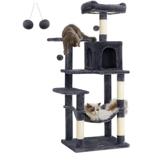 Feandrea Arbre de chat, tour de chat de 56.3 pouces pour les chats intérieurs, Condo de chat multi-niveaux avec des poteaux de Scratching, Perches, Hammock et Cave, Smoky Gray