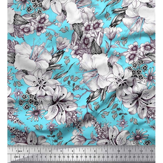 Soimoi Poly Georgette Fabric Leaves & Flower Floral Print Sewing Fabric Yard 42 Inch Wide
