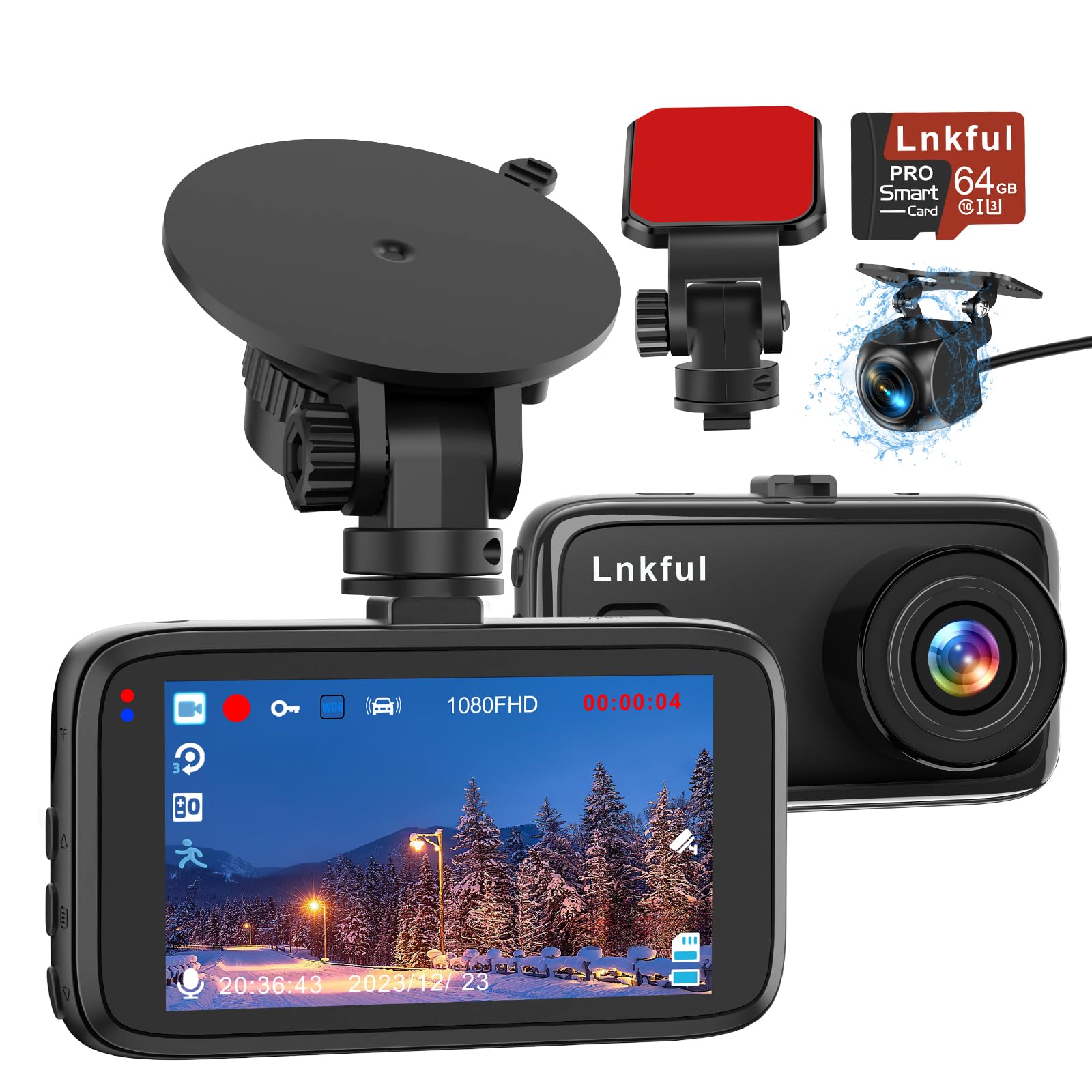 Dash Cam Front and Rear Camera, Lnkful 1080P Dual Dashcams for Cars with 64GB Card, Car Dashboard Camera with 3'' IPS Screen with Night Visi