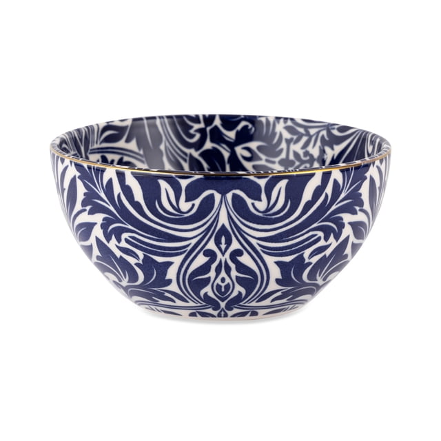 Thyme & Table Nova Bowl, Blue, a round ceramic bowl with navy blue floral and leaf patterns on white and a thin gold rim, ideal for dining and entertaining, also suitable for serving snacks or salads.