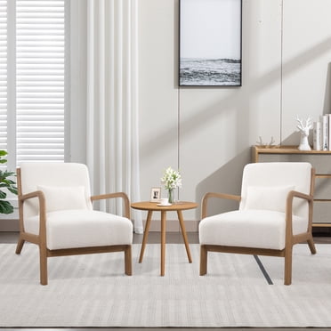 Bonzy Home Fauteuil d'Appoint de Style Moderne du Milieu du Siècle avec Structure en Bois, Fauteuils de Salon Rembourrés avec Coussin Lombaire, Fauteuil de Lecture pour Chambre Ou Véranda (Blanc)