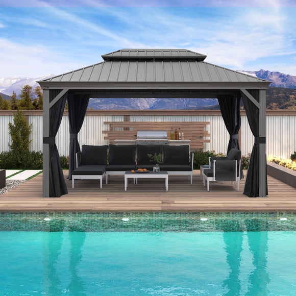 PURPLE LEAF Pavillon Extérieur à Toit Rigide 10 Pieds x 14 Pieds avec Double Toit, Pavillon en Métal, Gris Pâle
