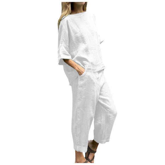 BYHONG Womens Casual Solid Color Pants High Waist Loose Pocket Pant Two Piece Sets Womens Pant Suits White S