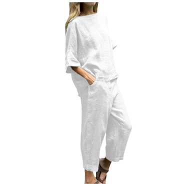 BYHONG Womens Casual Solid Color Pants High Waist Loose Pocket Pant Two Piece Sets Womens Pant Suits White L