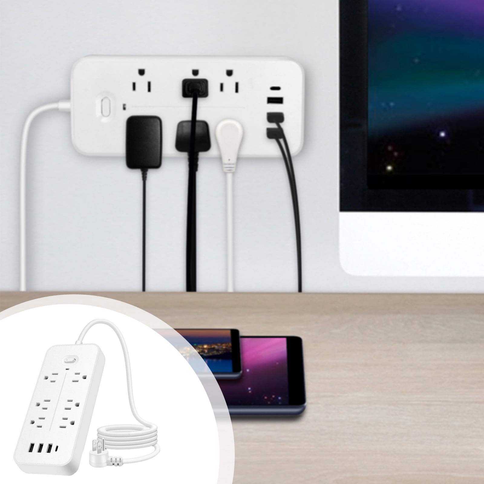 Cagogo under $5 Power Strip, Multi-functional US Standard Power Strip, 6 Outlets with 3 USB and 1 Type C Ports, Overload Protection Surge Protector, Office Dorm Home Use, Extended Power Cord