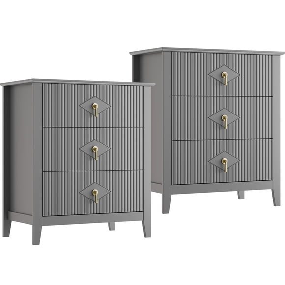 Ensemble d'Armoires de Chevet – Lot de 2 Tables de Bout Modernes à 3 Tiroirs Cannelés – 27,5 Pouces de Large en Bois – Poignées en Métal – Assemblage Facile et Anti-Basculement – Chambre, Salon et Entrée – Noir/gris/blanc