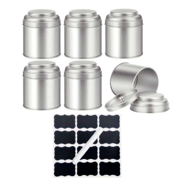 DOLITY 6x Tea Tin Canisters Easy to Clean Round Metal Loose Leaf Storage Containers Silver with stickers pen