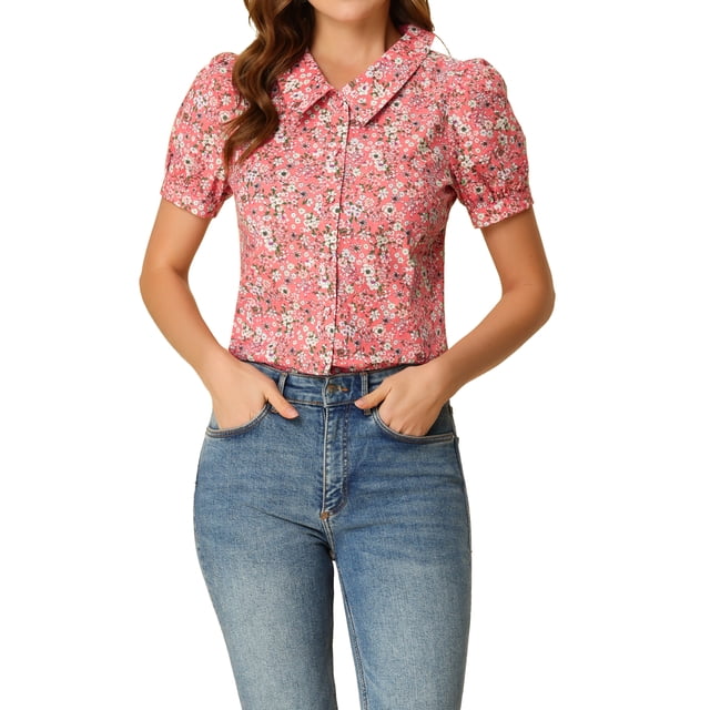 INSPIRE CHIC Blouse Boutonnée pour Femme à Manches Courtes Bouffantes Col Rabattu Haut en Coton à Motif Floral S Rose