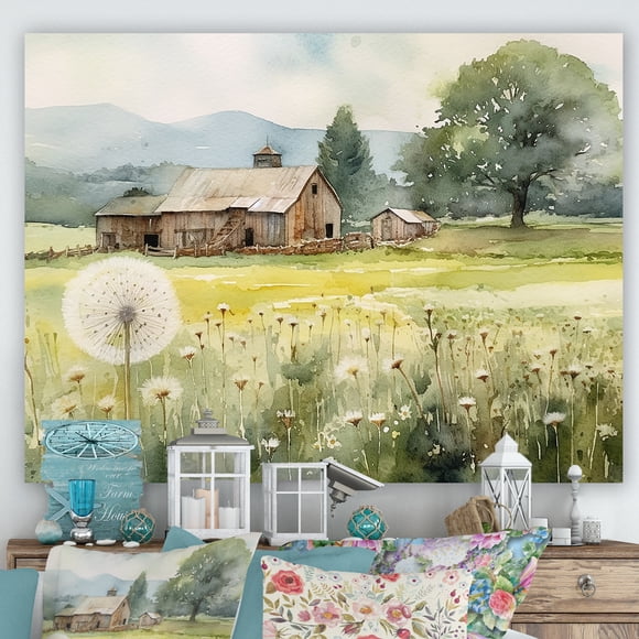 Designart Green Canvas wall art, Dandelion Wall Art, Dandelion Landscape At The Farmhouse , Dandelion Wall art decor, 32x16 inches