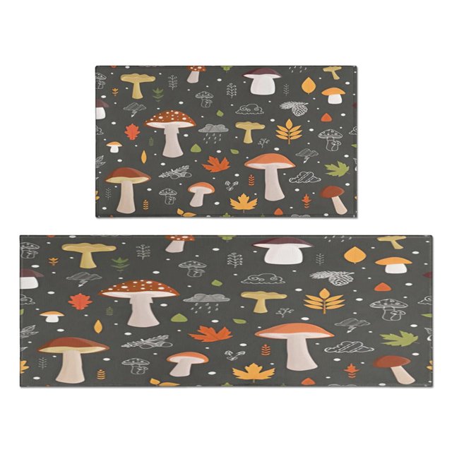 Stunning Non-Slip Red Mushroom Kitchen Rugs & Mats, Set of 2, Cushioned for Extra Comfort - Enhance Your Kitchen, Sink, Laundry, Bathroom with Boho Decor - Sizes 17x30 & 17x47 inches
