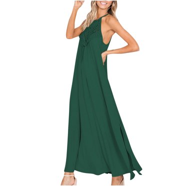 AherBiu Boho Dresses for Women Lace Crochet Neck Sleeveless Maxi Dress Ruched Flowy Beach Sundresses