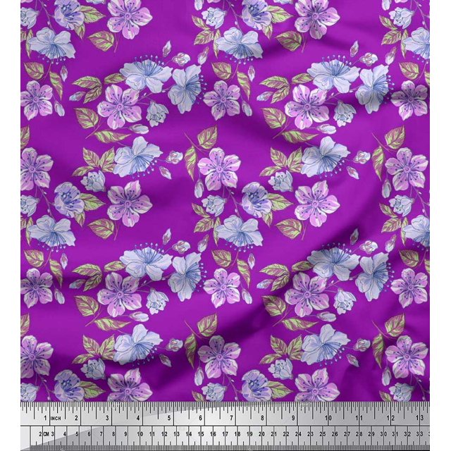 Soimoi polyester Crepe Fabric Leaves & Buttercup Floral Print Fabric by Yard 52 Inch Wide