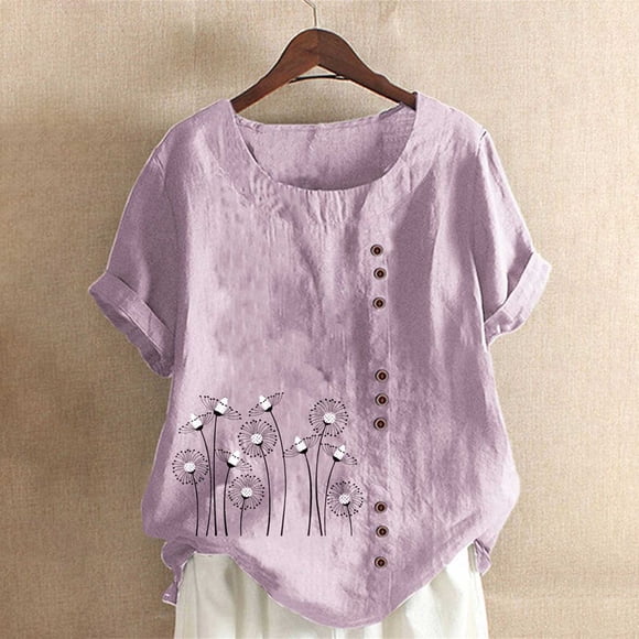 LOVZFMLL Hauts d'Été pour Femmes, Mode pour Dames, Couleur Unie, Imprimé Floral, Chemise à Manches Courtes en Coton et Lin pour Femme, Haut Décontracté Ample