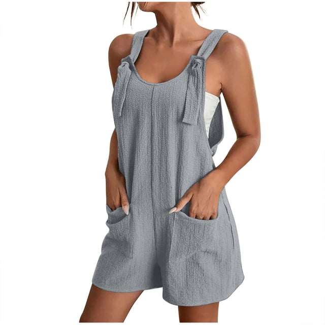 Économies d'Été! SROBPTY Combinaisons pour Femmes, Mode Femme Été Unie Décontractée Sans Manches à Bretelles Combinaison Courte Gris, m