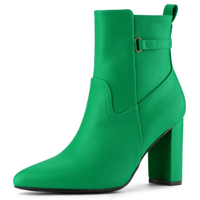 Unique Bargains Women's Strap Decor Point Toe Block High Heels Ankle Boots Green 9