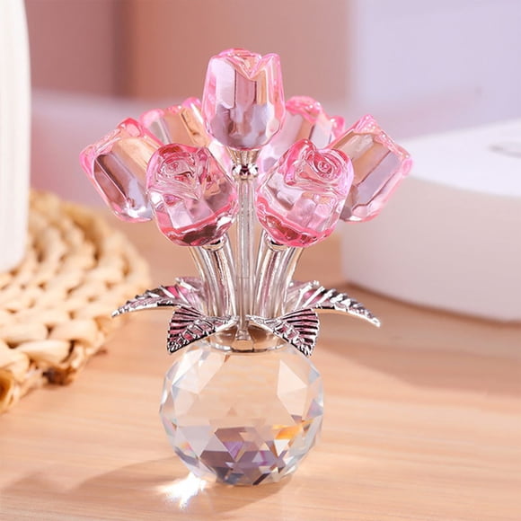Wuztai Bouquet de Roses en Cristal Transparent, Ornement de Décoration de Roses en Verre Cadeau Idéal, Décor de Maison de Roses en Cristal pour Étagère Bureau Table
