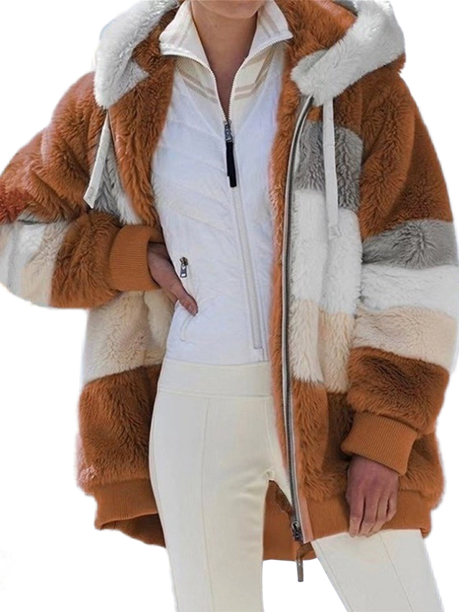 Innerwin Veste à Manches Longues pour Femmes Manteau d'Hiver Chaud Patchwork avec Poches Extérieur Couleur Caramel TG