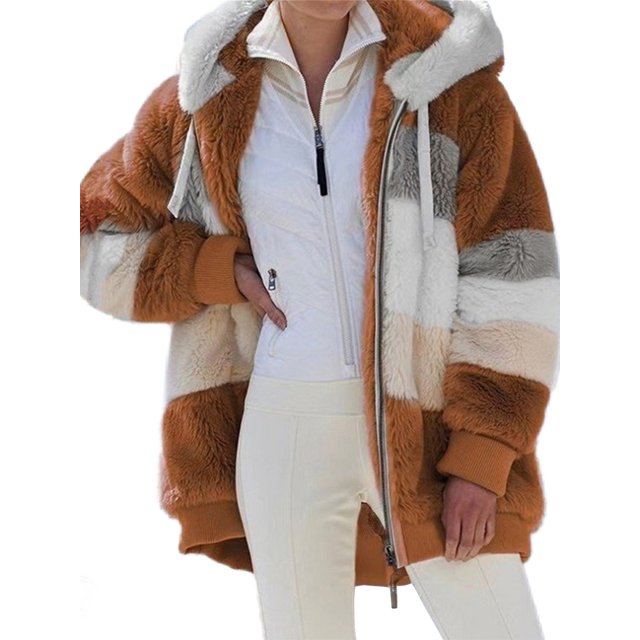 Innerwin Jacket Long Sleeve Women Coat Winter Warm Patchwork With Pockets Outwear Caramel Colour 4XL