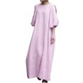 thumbnail image 2 of Gspmoly Robe pour Femmes, Robe Longue Unie à Manches Bouffantes Mi-Longues en Coton et Lin à Col Rond Ample, Mode pour Femmes, Robes de Cocktail pour Femmes, Cadeaux de Vacances, 2 of 8