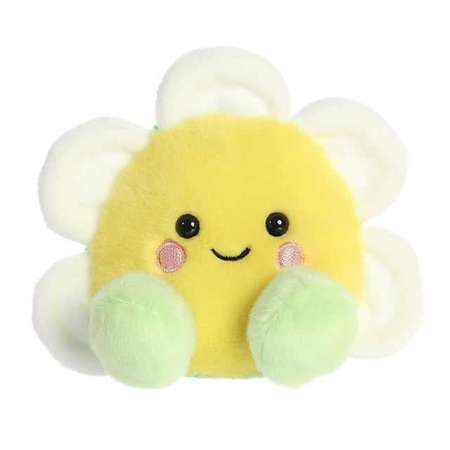 Aurora Palm Pals - Deon Daisy 5-inch stuffed animal plush toy featuring a vibrant yellow floret with soft white petals. The plush has a joyful expression with sparkling black eyes, rosy cheeks, and a gentle smile. It includes bean pellets for stability and is made from high-quality, fluffy materials. Suitable for all ages and part of the #palmpalsparty collection.
