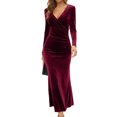 thumbnail image 1 of relayinert Polyester Fashionable And Versatile Long Sleeve Bodycon Dress Wide Application Evening Dress V-neck Winered S, 1 of 1