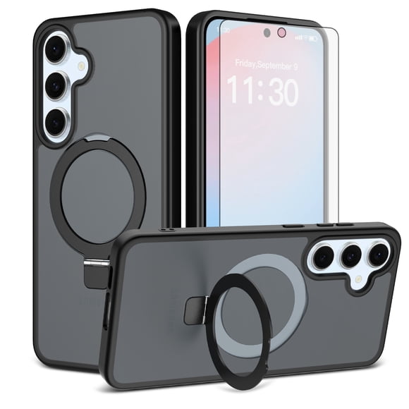 Asuwish Phone Case for Samsung Galaxy S24/S25 5G Tempered Glass Screen Protector Magnetic Folding Stand Frosted Translucent Rugged Shockproof Protective Cell Cover S 24 24S 25 25S G5 SM-S931U Black