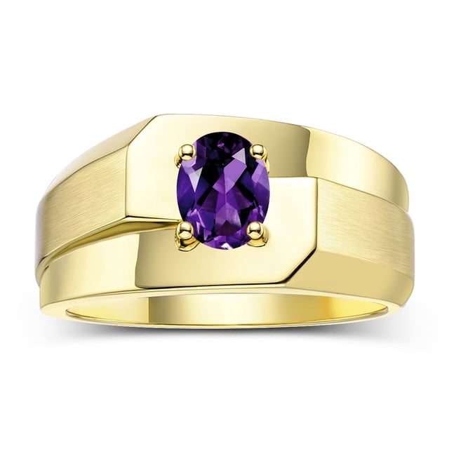 RYLOS Men's Rings 14K Yellow Gold Ring Classic Solitaire 7X5MM Oval Shape Gemstone Designer Band Amethyst February Birthstone Rings For Men Size 9