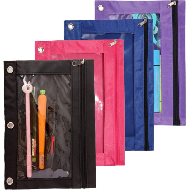 Binder Fabric Pencil Pouch 3-Ring Binder Pencil Case Bag with Zipper 4 Pack(Multicolor)