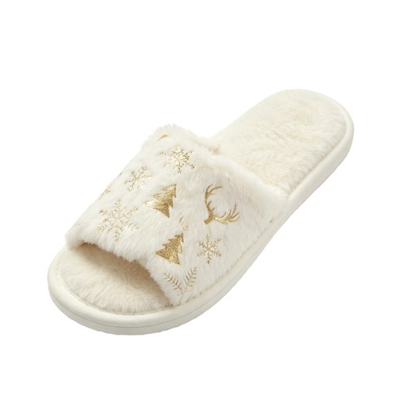 hzomhy Womens Indoor Slippers Christmas Print Open Toe Fuzzy Flat House Slippers for Home Daily Wear
