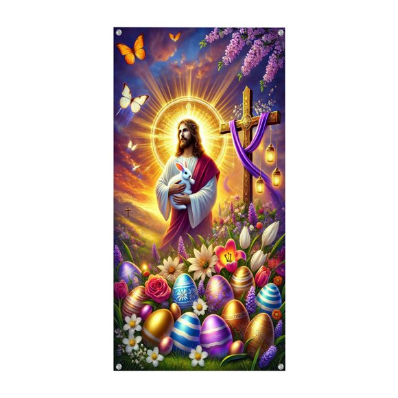 Easter Banner with Side View Jesus Rabbit Design Spring Holiday Background Fabric Polyester Door Wall Decor Festive Party Sign
