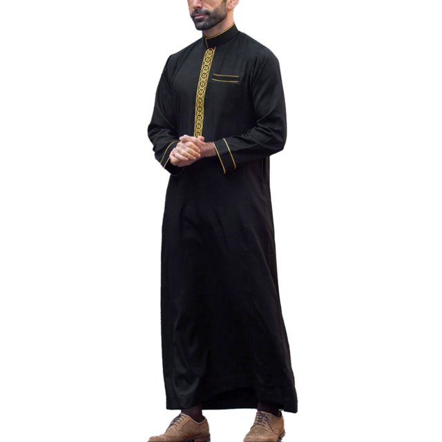 Wdgfv Caftan pour Homme Thobe Coton Manches Longues Brodé Col Montant Arabe Ample Robe pour Homme