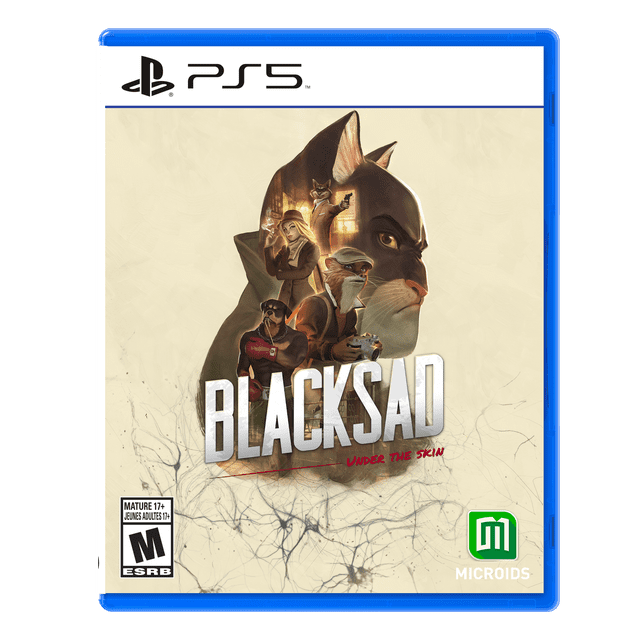 BlackSad: sous la Peau (PS5) Couverture de Jeu Mettant en Vedette une Grosse Tête de Détective Chat Anthropomorphique Noire avec des Personnages Plus Petits, Dont un Chien Musclé en Chandail Rouge, un Renard Portant une Toque Tenant un Appareil Photo, et un Chat avec un Pistolet, Ensemble sur Fond beige avec des Lignes Façon Toile Sombre, ESRB Maturité 17+, et logo Microids.