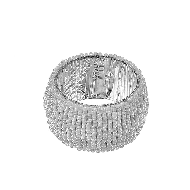 Beaded Napkin Ring Bulk White - Set of 6 featuring a round design with tightly arranged white beads on the exterior and a reflective silver inner lining, sized to fit various napkins and enhance dining table settings.